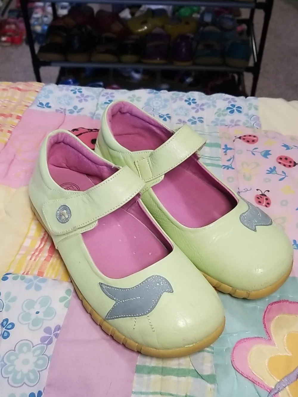 Livie & Luca Soft Leather Mary Jane W/Blue Glitter Bird Size 2 Pio HTF Wavy Sole